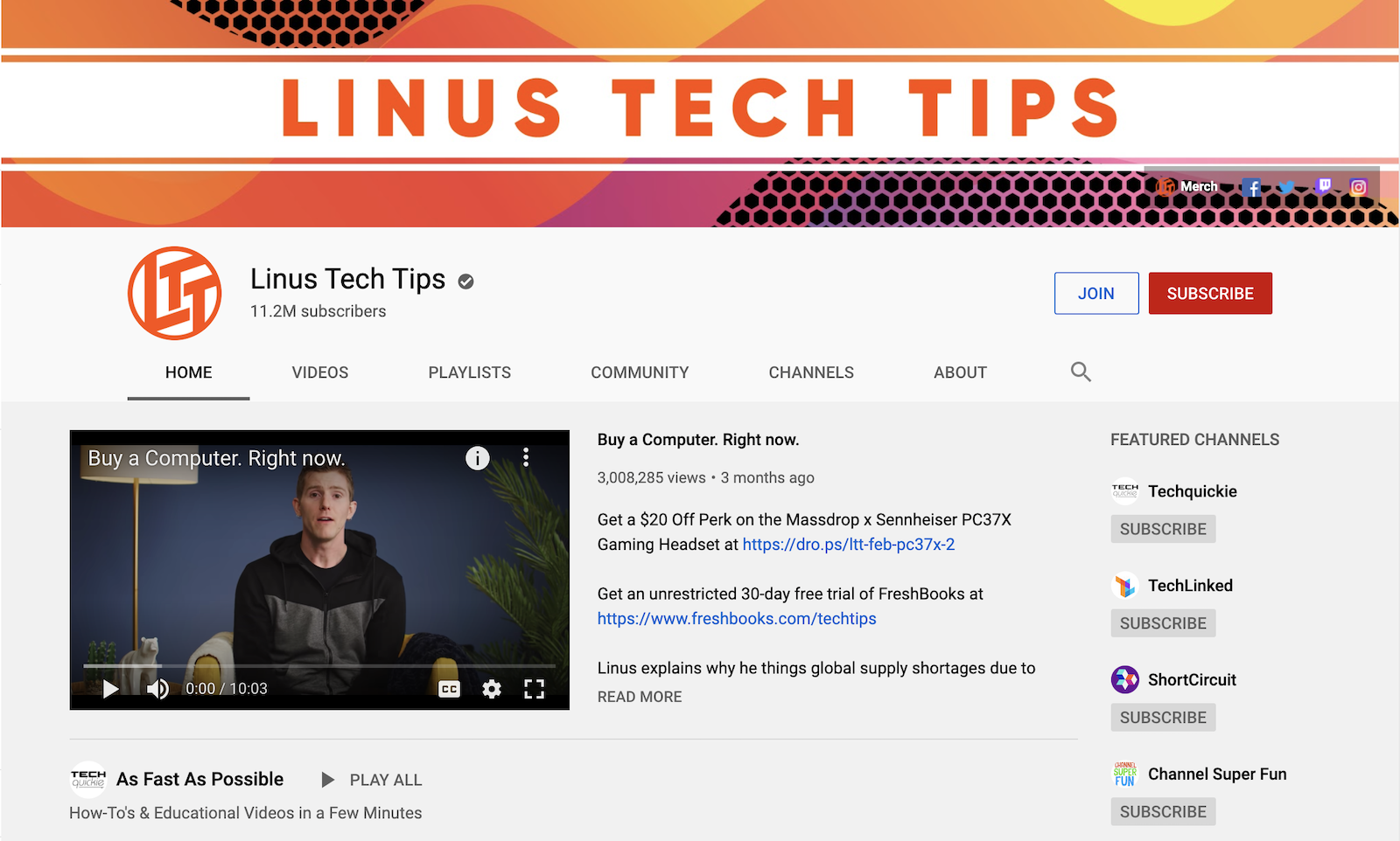Linus Tech Tips channel page