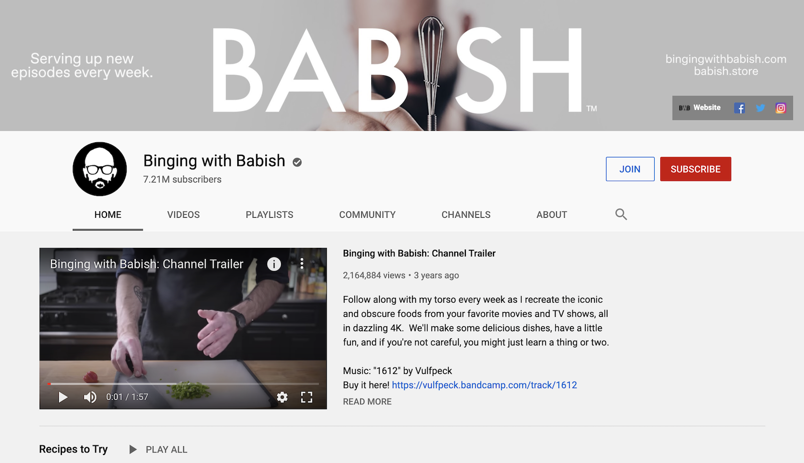 Binging with Babish channel page